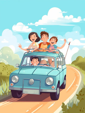 Generative AI : happy family mother and children girls goes to summer travel trip in the carの素材