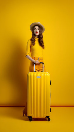 Generative AI : Full length happy funny young woman with tickets and passport smiling while running against yellow backdrop and pulling luggageの素材
