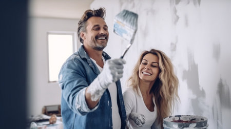Generative AI : young happy couple is repairing and painting the wall at homeの素材