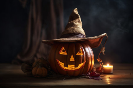 Generative AI : Classic carven spooky jackolantern with big gapetoothed grin in pirate hat standing on wooden table with different handmade halloween decorations and painted pumpkiの素材