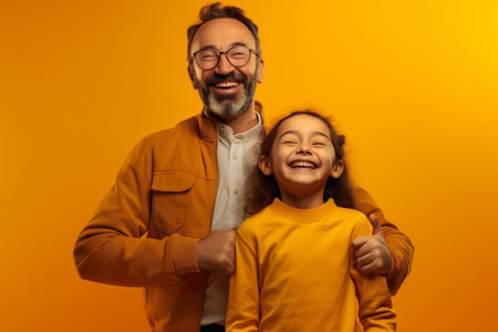 Generative AI : happy fathers day funny dad and daughter with mustache fooling around on colored yellow backgroundの素材