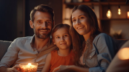 Generative AI : family mother father and child daughter watching projector TV movies with popcorn in the evening at homeの素材