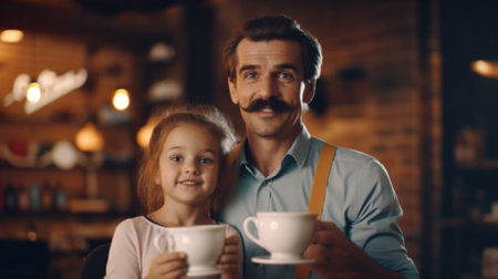 Generative AI : funny family father and child daughter with a mustacheの素材