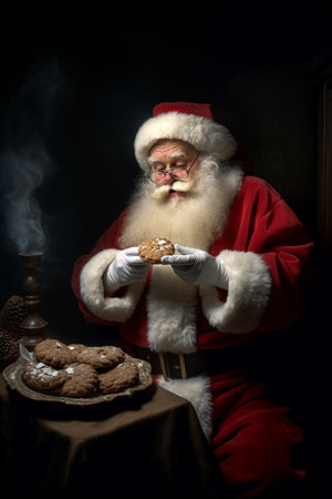 Generative AI : Santa Claus eating cookies and drinking milk on Christmas Eveの素材