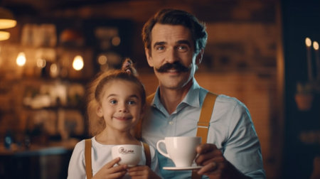 Generative AI : funny family father and child daughter with a mustacheの素材