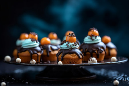 Generative AI : Muffins chocolate cake on a black plateの素材