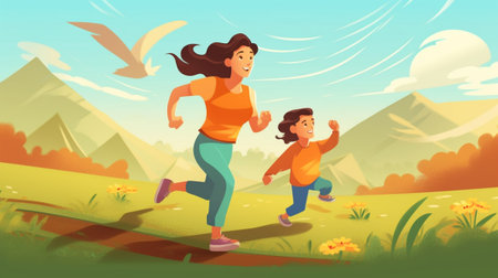 Generative AI : sports family mother and child daughter are engaged in running and athletics in the summer in the parkの素材