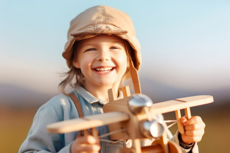 Generative AI : happy child dreams of traveling and playing with an airplane pilot aviator in outdoor in the summerの素材