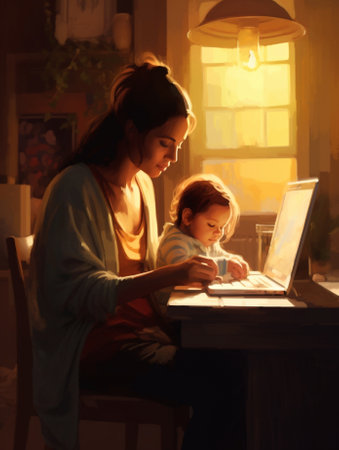 Generative AI : mother of a child with a computer and a tablet at home according to the concept of internetの素材