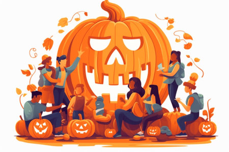 Generative AI : happy family mother father and children prepare for Halloween decorate the home with pumpkins and laughing play and scare with spidersの素材