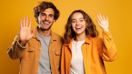 Generative AI : happy couple won emotionally celebrating win on colored yellow backgroundの素材