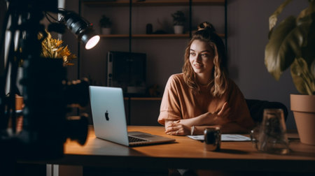 Generative AI : Anonymous girl in headphones sitting at table and listening to friendly teacher smiles and tells interesting stories during online lesson at homeの素材