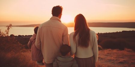 Generative AI : Back view of happy family mother father and child son outdoor on sunsetの素材