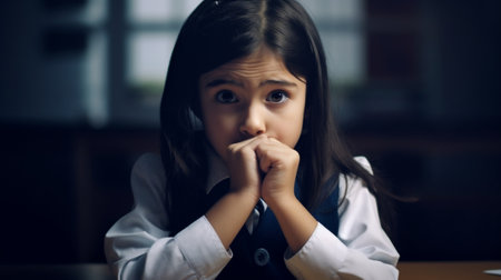 Generative AI : funny happy child schoolgirl girl student sitting at the table and laughs near school blackboardの素材