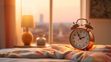 Generative AI : alarm clock in the bedroom near the bedの素材