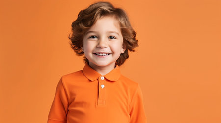 Generative AI : Happy funny boy in orange shirt cheerfully smiling and holding blank speech balloon near head against blue backgroundの素材