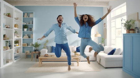 Generative AI : Side view of cheerful boy and girl holding hands and jumping on couch while having fun at home togetherの素材