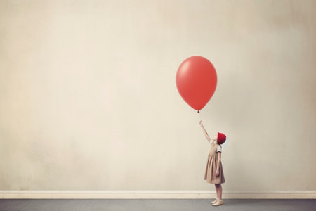 Generative AI : Happy funny child girl with a red ball near an empty white brick wallの素材