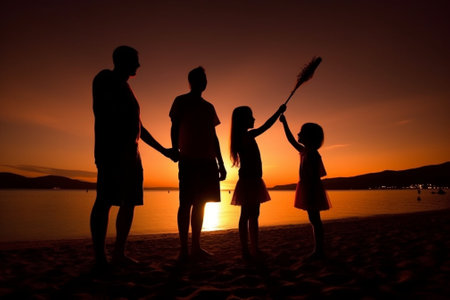 Generative AI : Family father and daughter send air heavenly flashlight lamp in flight on beachの素材