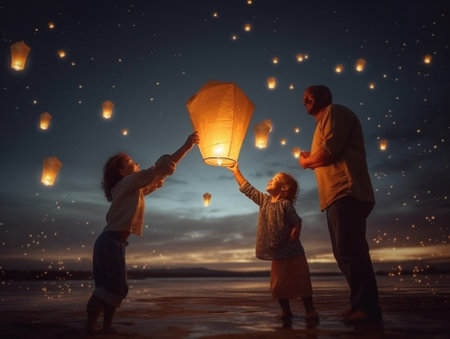 Generative AI : Family father and daughter send air heavenly flashlight lamp in flight on beachの素材