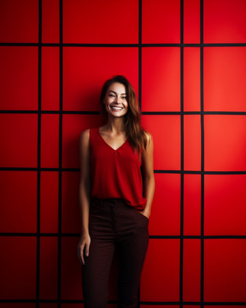 Generative AI : Delighted young woman in stylish striped t shirt showing V sign against red backgroundの素材