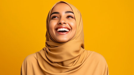 Generative AI : Happy young ethnic female with closed eyes adjusting knitted hat and smiling against yellow backgroundの素材