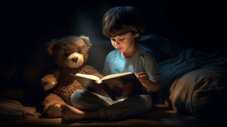 Generative AI : Little child girl is reading a book in evening in dark with a toy bearの素材