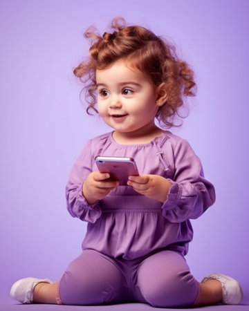 Generative AI : baby girl at a laptop computer mobile phoneの素材