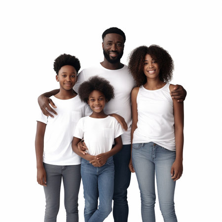 Generative AI : family portrait happy parents and smiling children in colorful Tshirts on an isolated white backgroundの素材