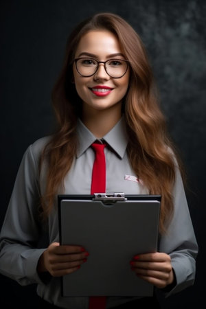 Generative AI : happy business woman with glasses in red from the blank blackboardの素材