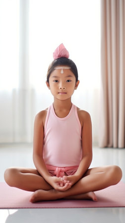Generative AI : child little girl meditates in the lotus position and practices yoga at homeの素材