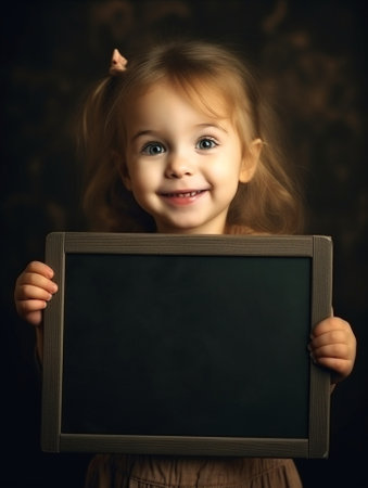 Generative AI : baby with tablet computer in the hands of an empty black chalkboardの素材