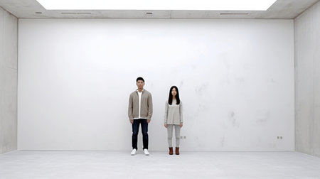 Generative AI : concept of mortgage housing problems Family couple at empty blank white brick wallの素材