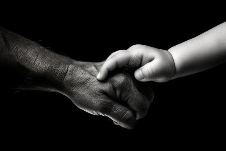 Generative AI : cute baby looking at hands of the mother in an embrace monochromeの素材
