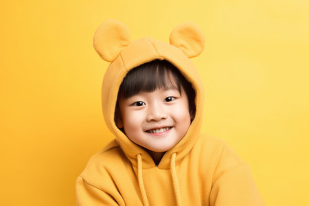 Generative AI : funny happy child girl with easter ears of bunny on yellow backgroundの素材
