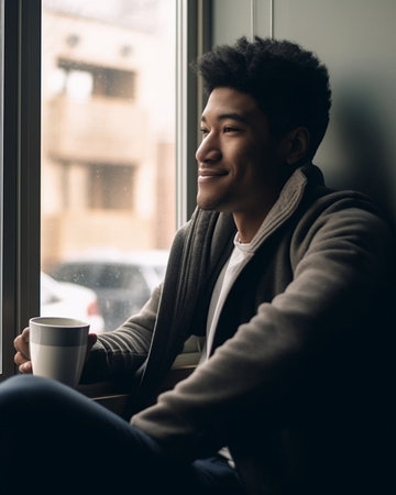 Generative AI : Sad African American man listening to music from tablet while resting near window in morning at homeの素材