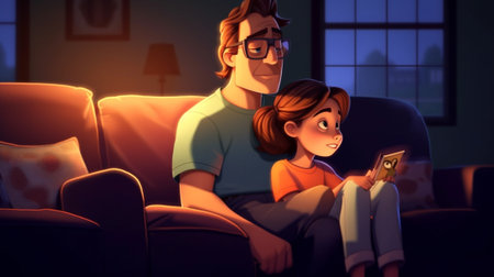 Generative AI : family father and child daughter watching projector TV movies with popcorn in the evening at homeの素材