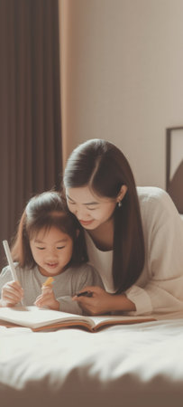 Generative AI : mother and child daughter doing homework writing and reading at homeの素材