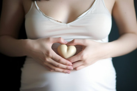 Generative AI : hands of Mom and Dad on the pregnant belly in the shape of a heart on a white backgroundの素材