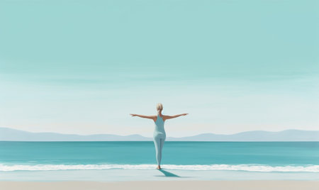 Generative AI : woman in white doing yoga and sport exercises on coast of sea on beachの素材