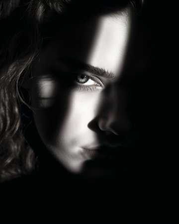 Generative AI : half of the face of girl in the dark monochromeの素材