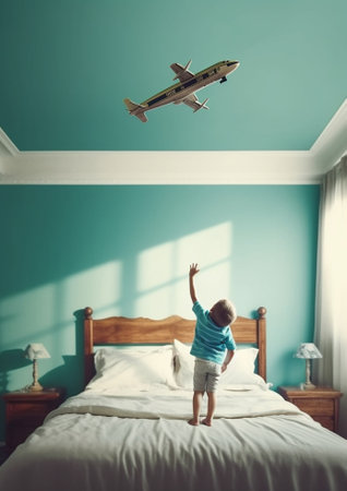 Generative AI : concept of dreams and travels happy child playing with an airplane pilot and runs the roomの素材