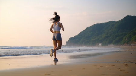 Generative AI : morning jog young woman running on the beach on the coast of the Seaの素材