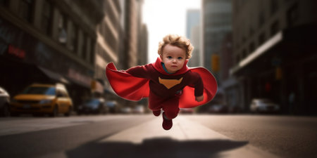 Generative AI : toddler little baby superhero with a red cape flying through the skyの素材