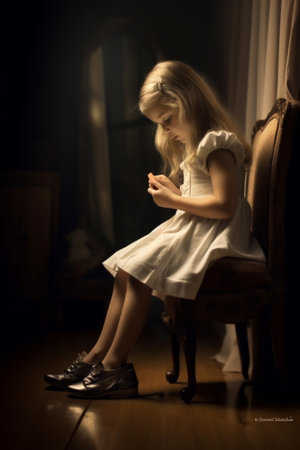 Generative AI : little girl child fashionista looking in the mirror at home in a red skirt shoes of motherの素材