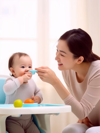 Generative AI : happy mother feeds funny baby from a spoonの素材