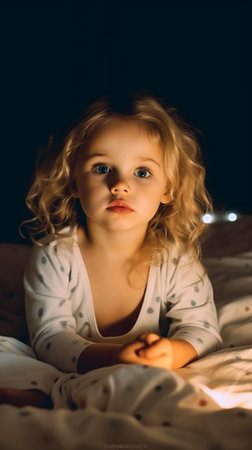 Generative AI : little cute girl eating chocolate candy in bedの素材