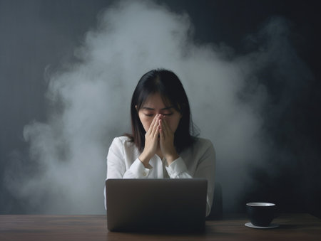 Generative AI : Frustrated tired young woman entrepreneur with closed eyes massages temples with fingers with painful expression on her face sitting in front of laptop and open ageの素材