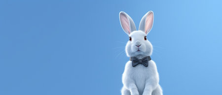 Generative AI : Funny cute little African American boy in suit and bunny ears smiling and looking at camera while imitating rabbit against blue backgroundの素材