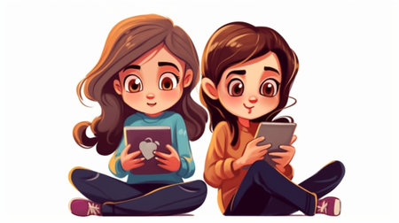 Generative AI : Happy children girls girlfriends schoolgirls student elementary school with a smartphoneの素材